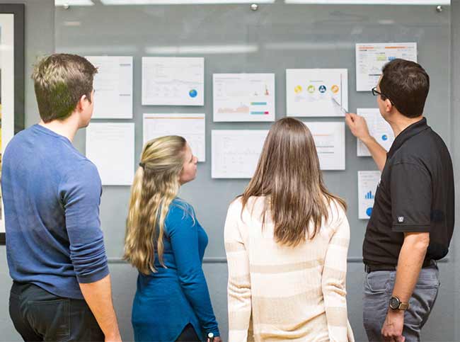 Recruitics employees discussing printed data graphs on a whiteboard