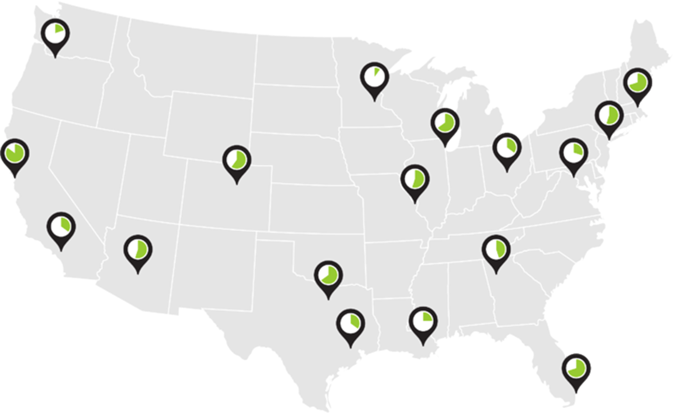 map image of the lower 48 United States with 17 pins located in various states